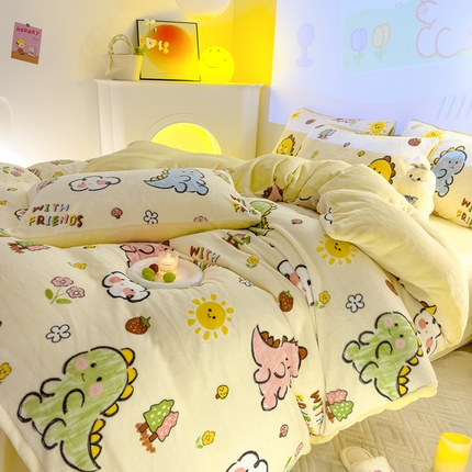 91家纺网 家纺一手货源 找家纺 2024新款抗静电加厚牛奶绒印花四件套 淘气恐龙