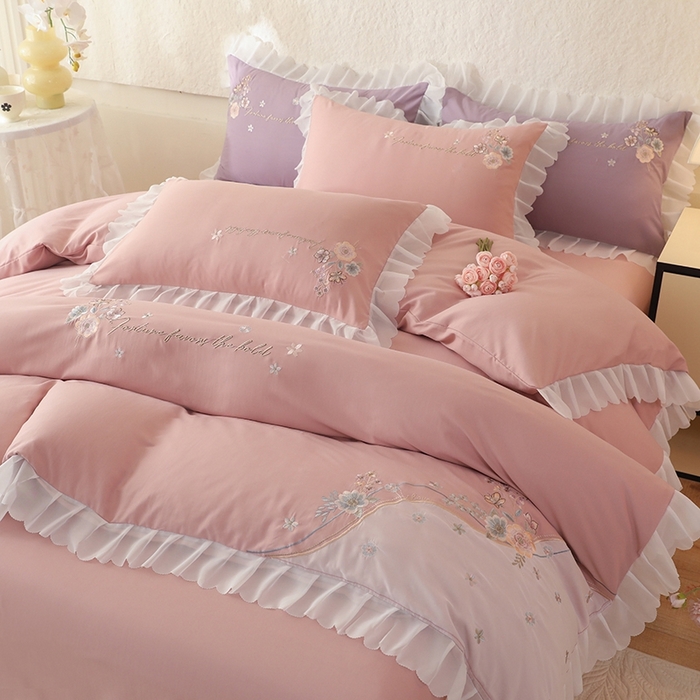 91家纺网 家纺一手货源 找家纺 艾米家居 2025新款秋冬加厚铂金磨毛刺绣花边四件套-花涧 花涧-豆沙