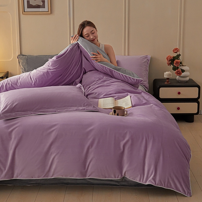 91家纺网 家纺一手货源 找家纺 澳梵家居 澳梵家居 2024新款A类宝宝绒嵌绳款四件套--【雅致系列】 芋泥紫+灰