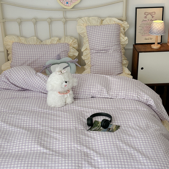 91家纺网 家纺一手货源 找家纺 2024新款花边奶油格子全棉混搭款四件套 香芋紫格