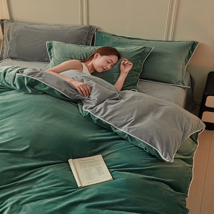 91家纺网 家纺一手货源 找家纺 澳梵家居 澳梵家居 2024新款A类宝宝绒嵌绳款四件套--【雅致系列】 荷叶绿+灰