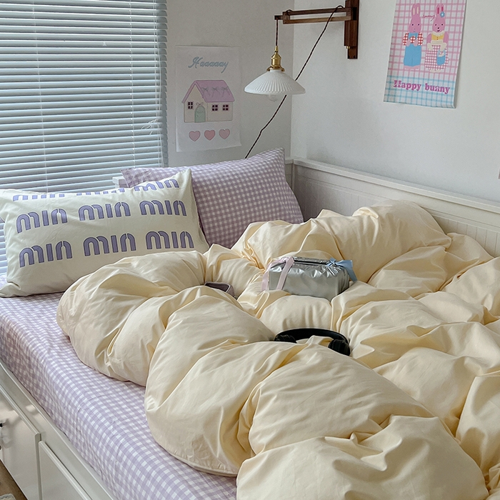 91家纺网 家纺一手货源 找家纺 2024新款全棉纯色大版枕套混搭款四件套 芋泥奶芙