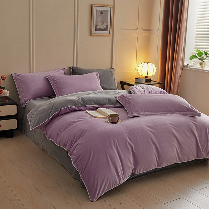 91家纺网 家纺一手货源 找家纺 澳梵家居 澳梵家居 2024新款A类宝宝绒嵌绳款四件套--【雅致系列】 芋泥紫+灰