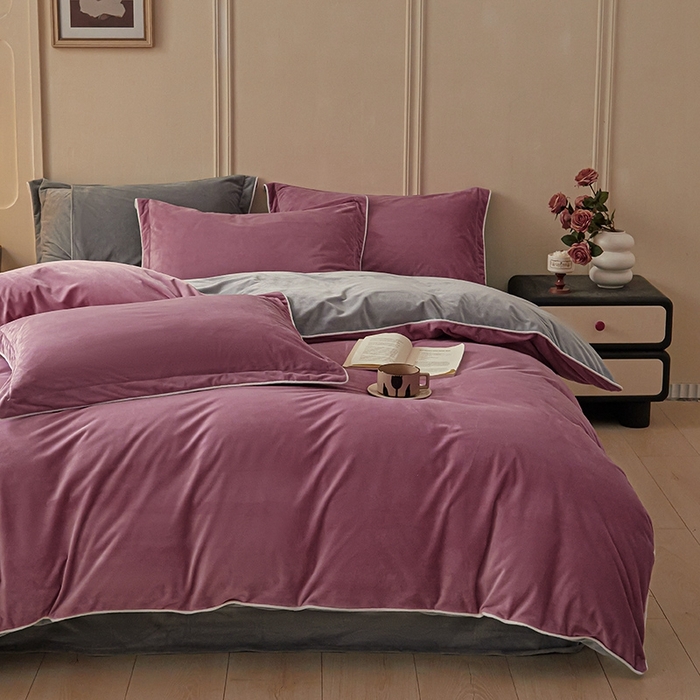 91家纺网 家纺一手货源 找家纺 澳梵家居 澳梵家居 2024新款A类宝宝绒嵌绳款四件套--【雅致系列】 葡萄紫+灰