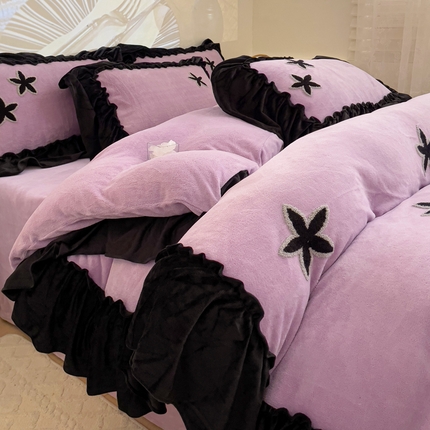 你好美丽 2025新款牛奶绒A类200克星愿毛巾绣花边四件套 星愿紫
