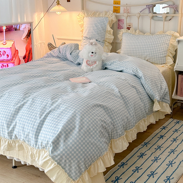 91家纺网 家纺一手货源 找家纺 2024新款花边奶油格子全棉混搭款四件套 茉香蓝格