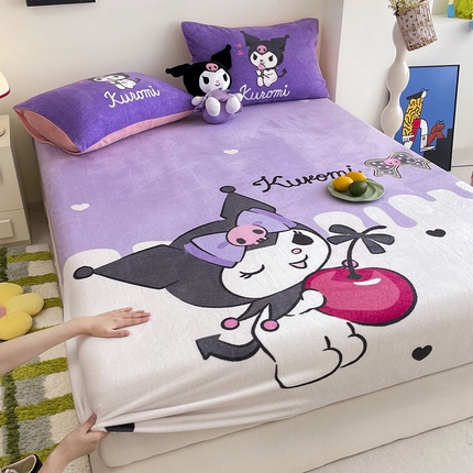 91家纺网 家纺一手货源 找家纺 米帛家纺 2024新款A类三丽鸥卡通床笠单件床罩冬季加厚牛奶绒床垫保护罩全包床单套 樱桃库洛米