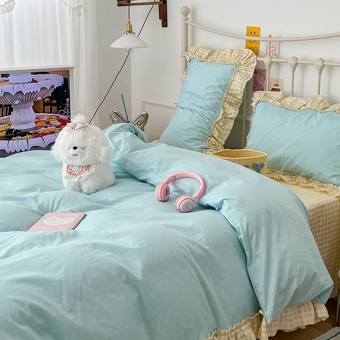 91家纺网 家纺一手货源 找家纺 （总）2024新款花边奶油格子全棉混搭款四件套