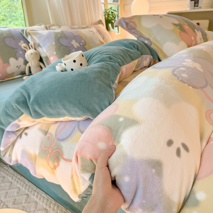 91家纺网 家纺一手货源 找家纺 富之航家纺 2024新款高克重小清新牛奶绒四件套 春日妮彩