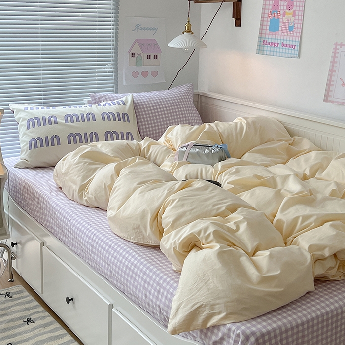 91家纺网 家纺一手货源 找家纺 2024新款全棉纯色大版枕套混搭款四件套 芋泥奶芙