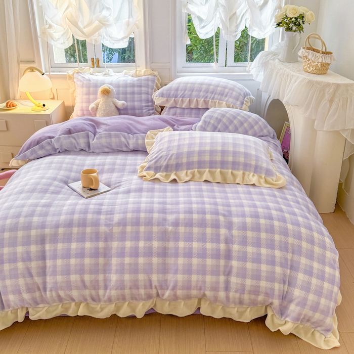 91家纺网 家纺一手货源 找家纺 2024新款高克重韩版牛奶绒四件套-奶油格子系列 奶油紫格