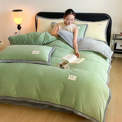 澳梵家居 2024新款牛奶绒包边嵌绳款双拼四件套 清新绿配星际灰