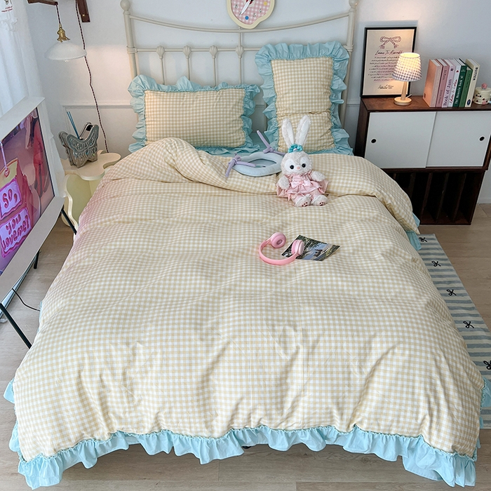 91家纺网 家纺一手货源 找家纺 2024新款花边奶油格子全棉混搭款四件套 柠檬黄格