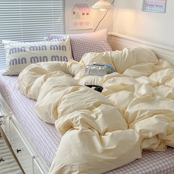 91家纺网 家纺一手货源 找家纺 2024新款全棉纯色大版枕套混搭款四件套 芋泥奶芙