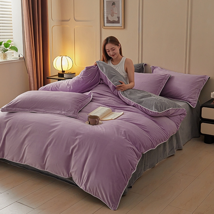 91家纺网 家纺一手货源 找家纺 澳梵家居 澳梵家居 2024新款A类宝宝绒嵌绳款四件套--【雅致系列】 芋泥紫+灰