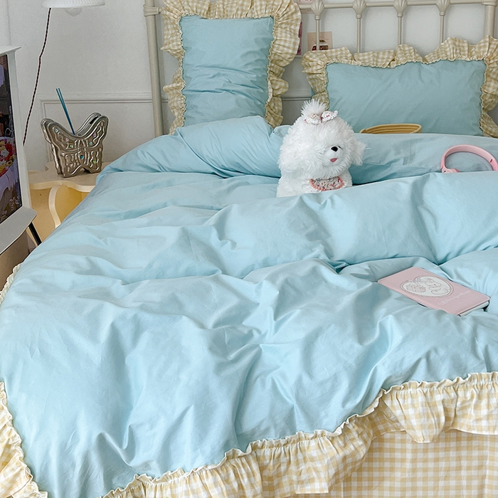 91家纺网 家纺一手货源 找家纺 （总）2024新款花边奶油格子全棉混搭款四件套