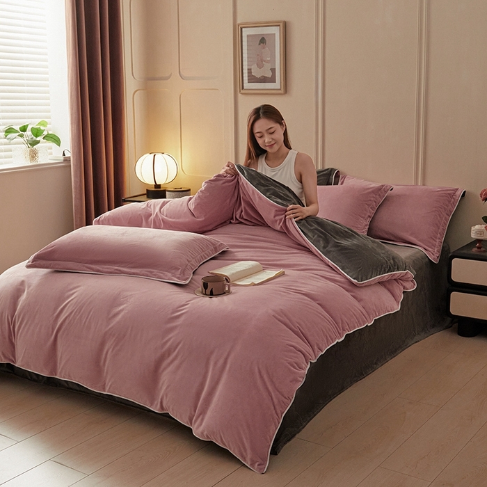 91家纺网 家纺一手货源 找家纺 澳梵家居 澳梵家居 2024新款A类宝宝绒嵌绳款四件套--【雅致系列】 豆沙+灰