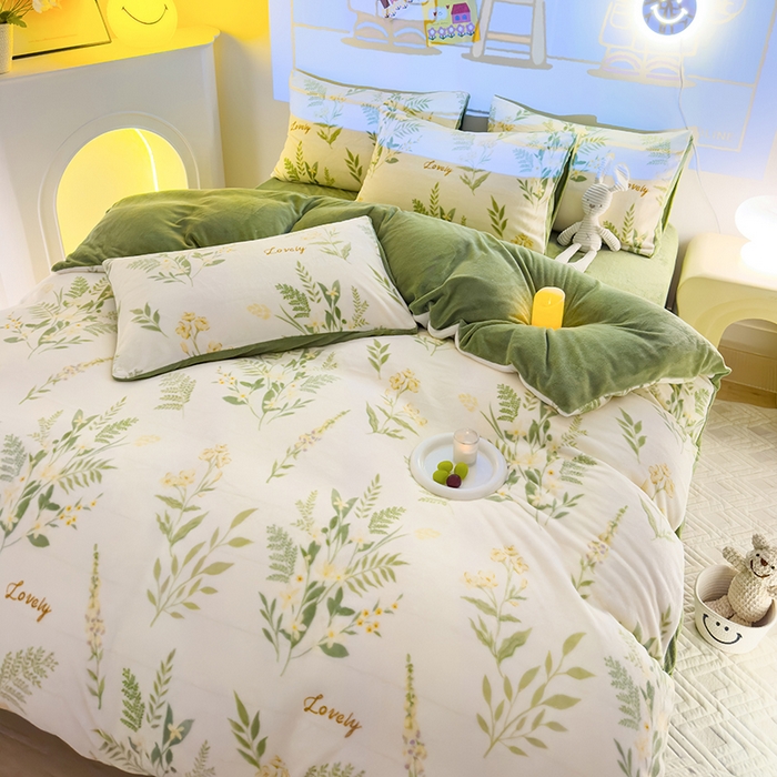 91家纺网 家纺一手货源 找家纺 2024新款抗静电加厚牛奶绒印花四件套 花叶漫舞