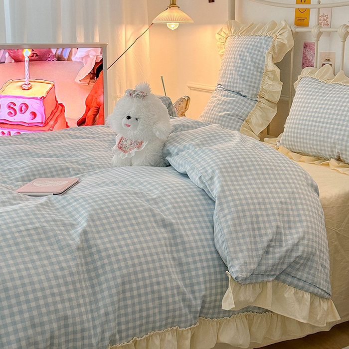 91家纺网 家纺一手货源 找家纺 2024新款花边奶油格子全棉混搭款四件套 茉香蓝格