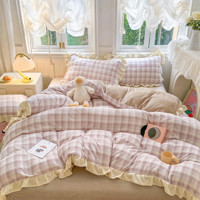 91家纺网 家纺一手货源 找家纺 2024新款高克重韩版牛奶绒四件套-奶油格子系列 奶油灰咖格