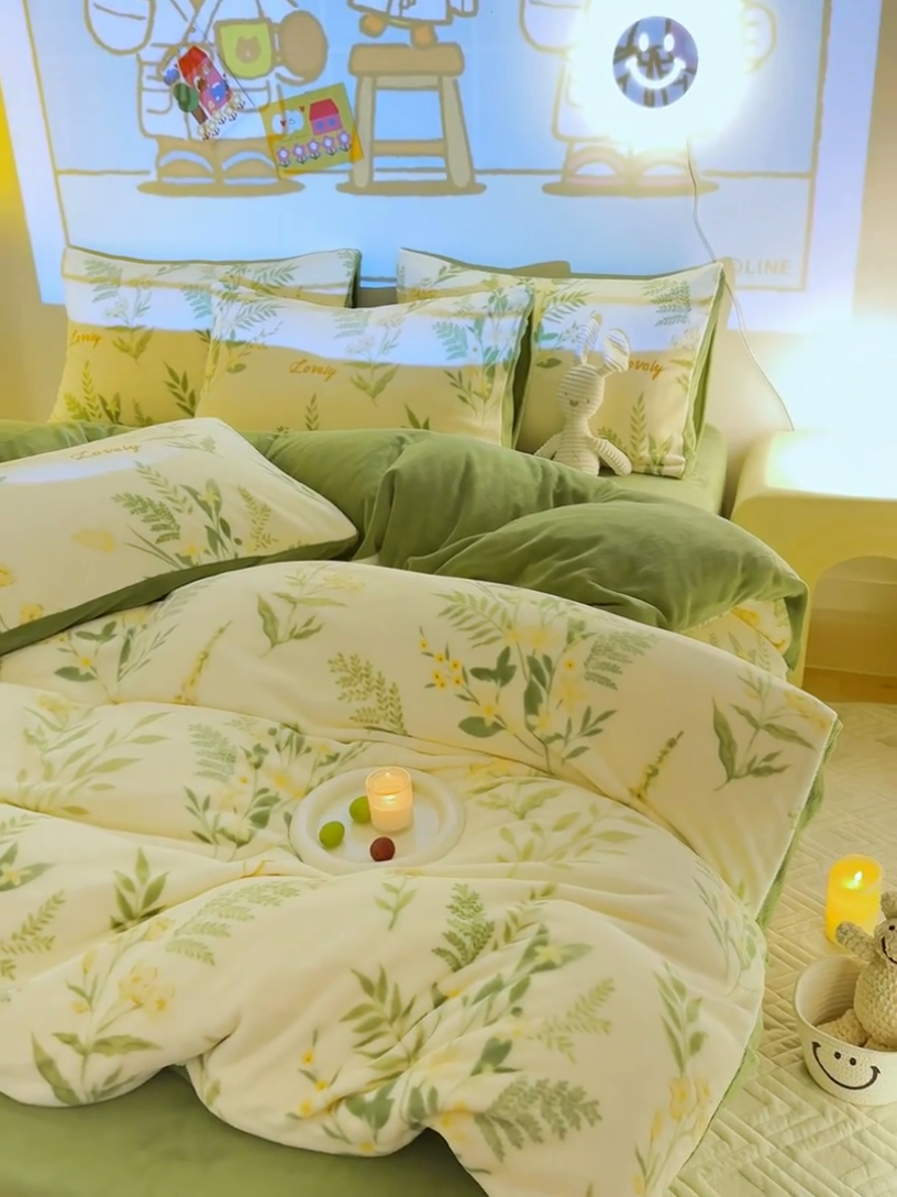 91家纺网 家纺一手货源 找家纺 2024新款抗静电加厚牛奶绒印花四件套 花叶漫舞