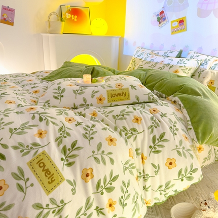 91家纺网 家纺一手货源 找家纺 2024新款抗静电加厚牛奶绒印花四件套 青柠薄荷