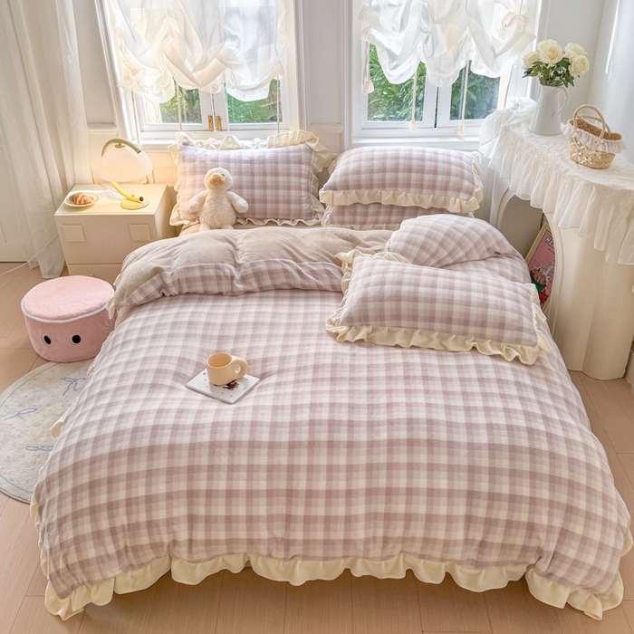 91家纺网 家纺一手货源 找家纺 2024新款高克重韩版牛奶绒四件套-奶油格子系列 奶油灰咖格