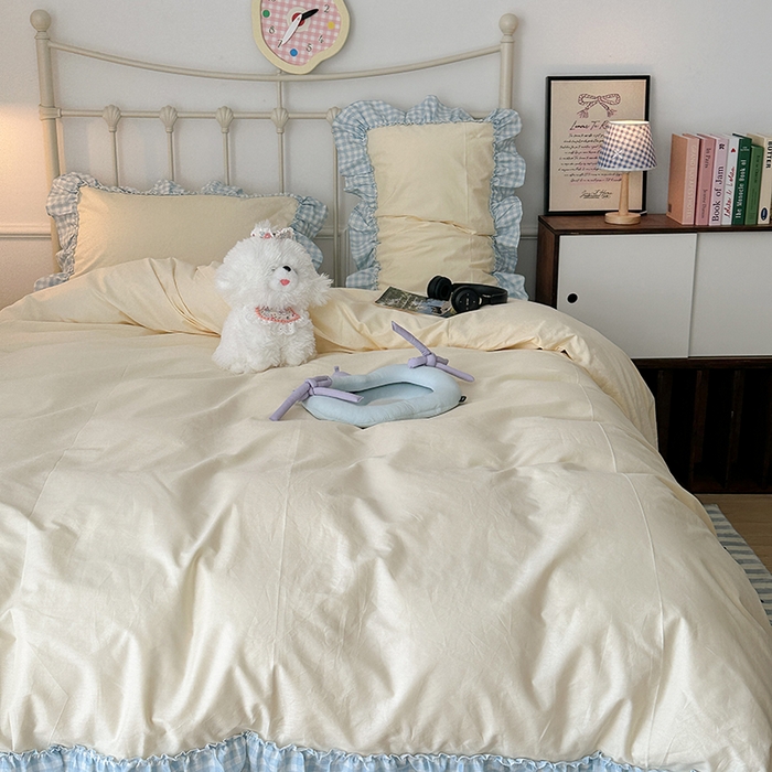 91家纺网 家纺一手货源 找家纺 2024新款花边奶油格子全棉混搭款四件套 奶酪芝士