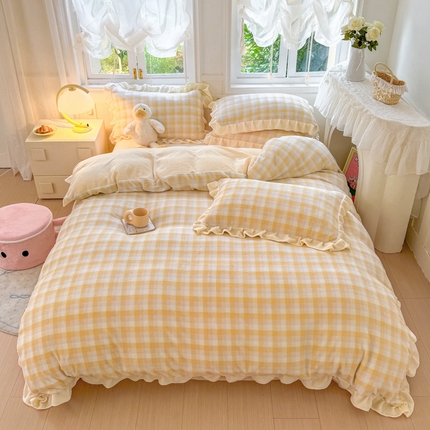 91家纺网 家纺一手货源 找家纺 2024新款高克重韩版牛奶绒四件套-奶油格子系列 奶油黄格