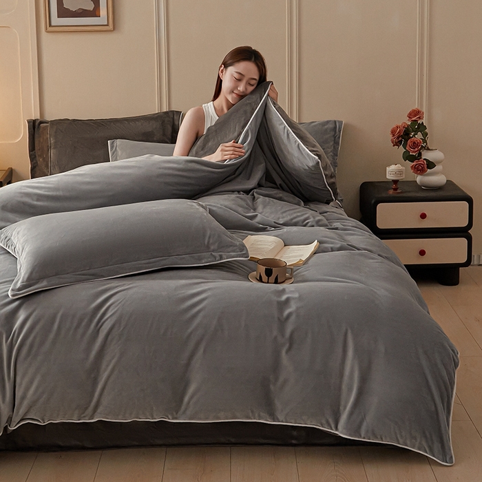 91家纺网 家纺一手货源 找家纺 澳梵家居 澳梵家居 2024新款A类宝宝绒嵌绳款四件套--【雅致系列】 浅灰+深灰