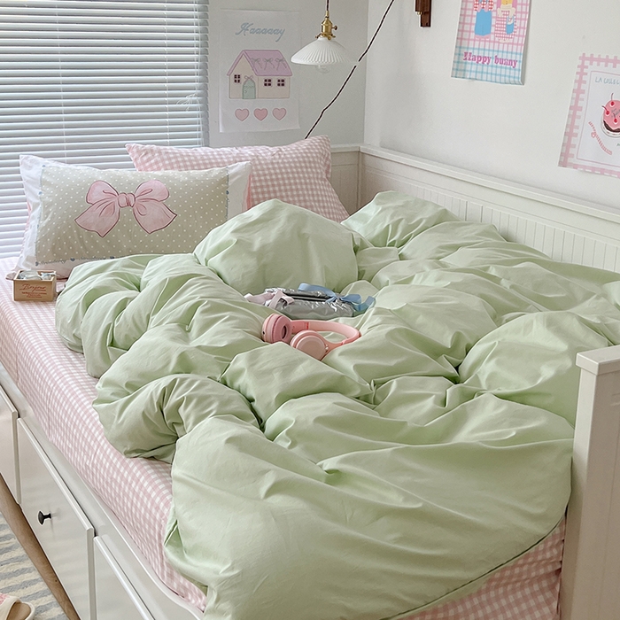 91家纺网 家纺一手货源 找家纺 2024新款全棉纯色大版枕套混搭款四件套 薄荷甜心