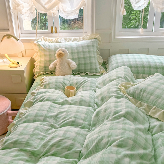 91家纺网 家纺一手货源 找家纺 2024新款高克重韩版牛奶绒四件套-奶油格子系列 奶油绿格