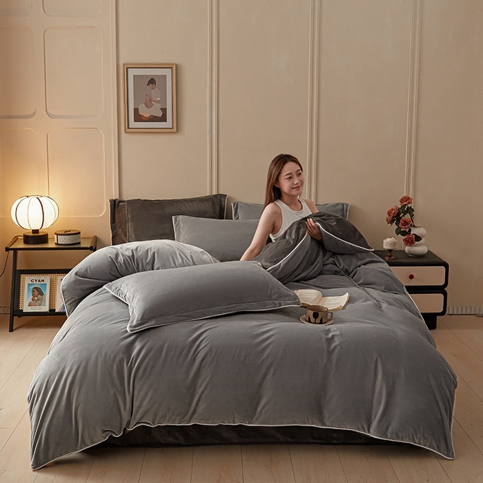 91家纺网 家纺一手货源 找家纺 澳梵家居 澳梵家居 2024新款A类宝宝绒嵌绳款四件套--【雅致系列】 浅灰+深灰