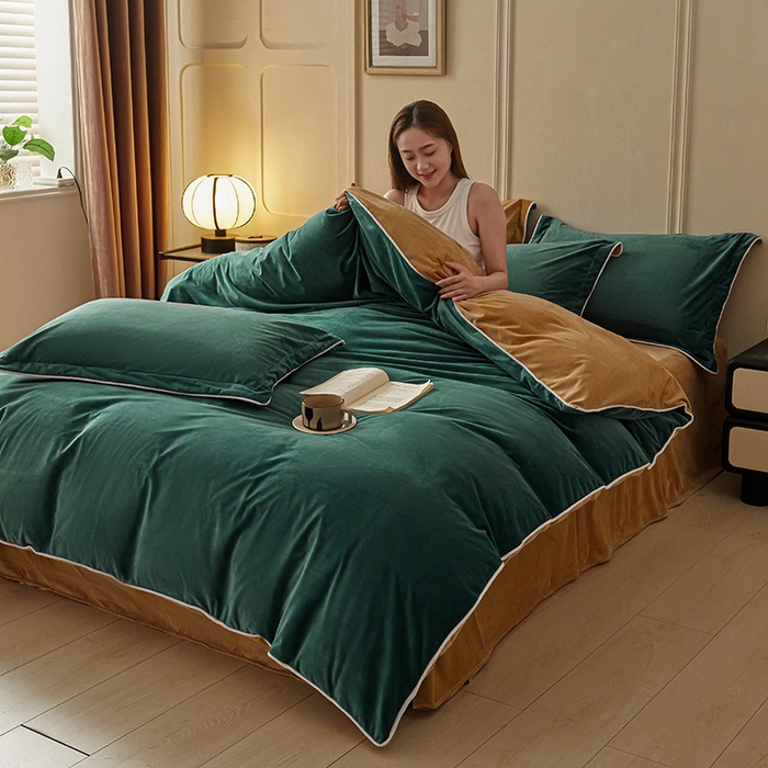 91家纺网 家纺一手货源 找家纺 澳梵家居 澳梵家居 2024新款A类宝宝绒嵌绳款四件套--【雅致系列】 祖母绿+卡其