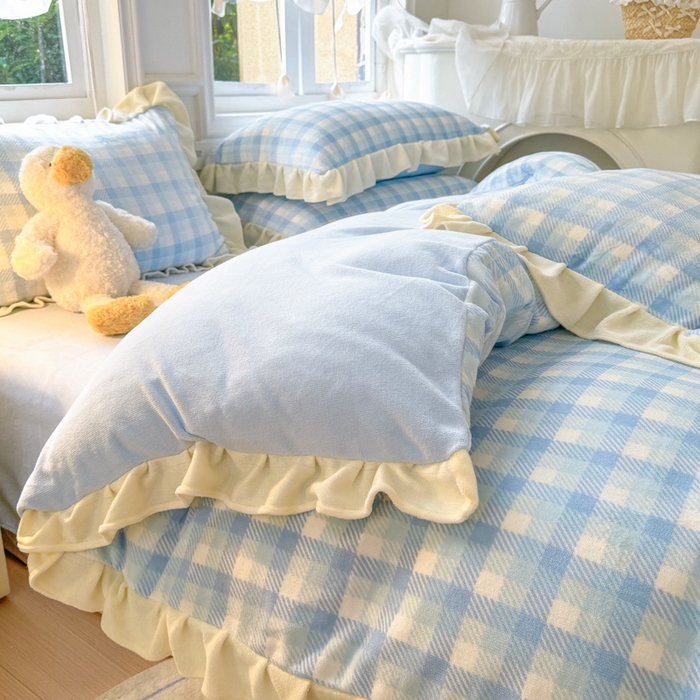 91家纺网 家纺一手货源 找家纺 2024新款高克重韩版牛奶绒四件套-奶油格子系列 奶油蓝格