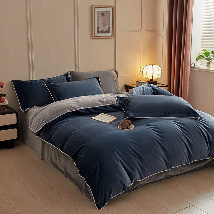 91家纺网 家纺一手货源 找家纺 澳梵家居 澳梵家居 2024新款A类宝宝绒嵌绳款四件套--【雅致系列】 深蓝+灰