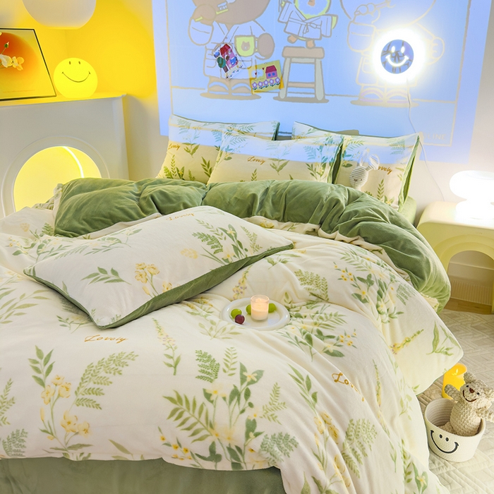 91家纺网 家纺一手货源 找家纺 2024新款抗静电加厚牛奶绒印花四件套 花叶漫舞