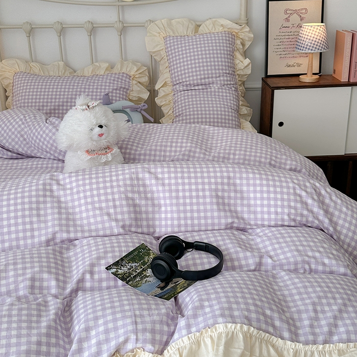 91家纺网 家纺一手货源 找家纺 2024新款花边奶油格子全棉混搭款四件套 香芋紫格