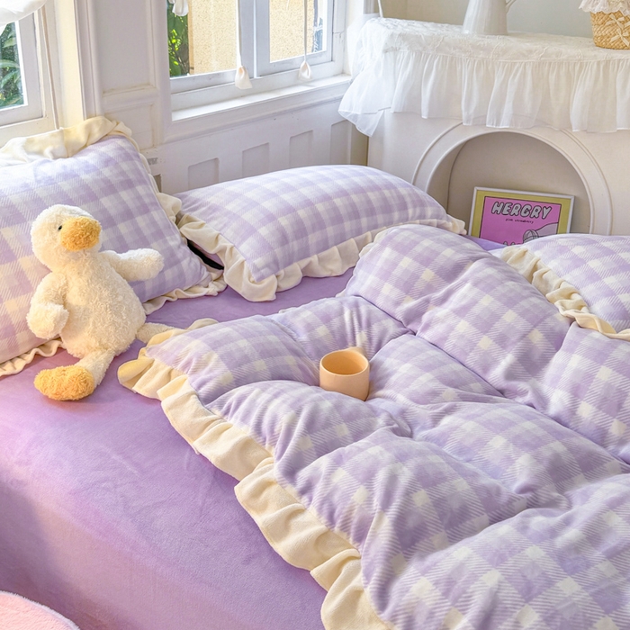 91家纺网 家纺一手货源 找家纺 2024新款高克重韩版牛奶绒四件套-奶油格子系列 奶油紫格