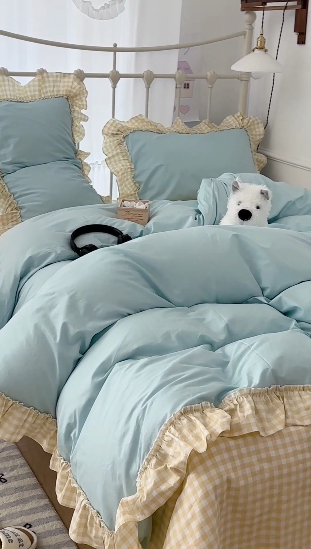 91家纺网 家纺一手货源 找家纺 2024新款花边奶油格子全棉混搭款四件套 香芋紫格