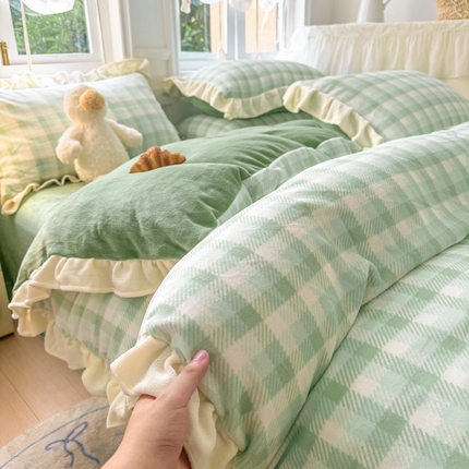 2024新款高克重韩版牛奶绒四件套-奶油格子系列 奶油绿格
