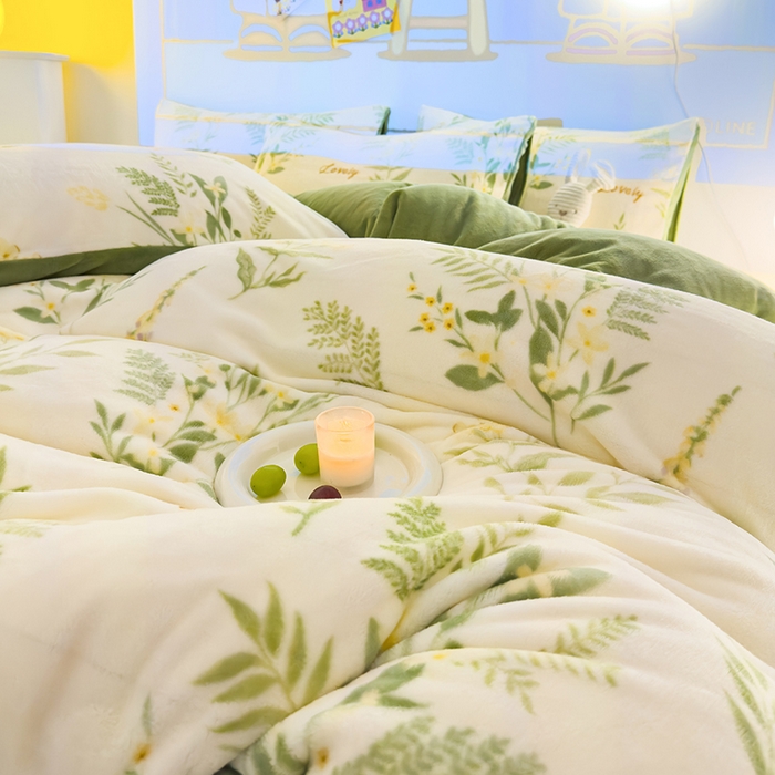 91家纺网 家纺一手货源 找家纺 2024新款抗静电加厚牛奶绒印花四件套 花叶漫舞