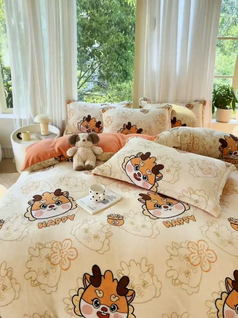 91家纺网 家纺一手货源 找家纺 富之航家纺 2024新款高克重小清新牛奶绒四件套 梦幻龙