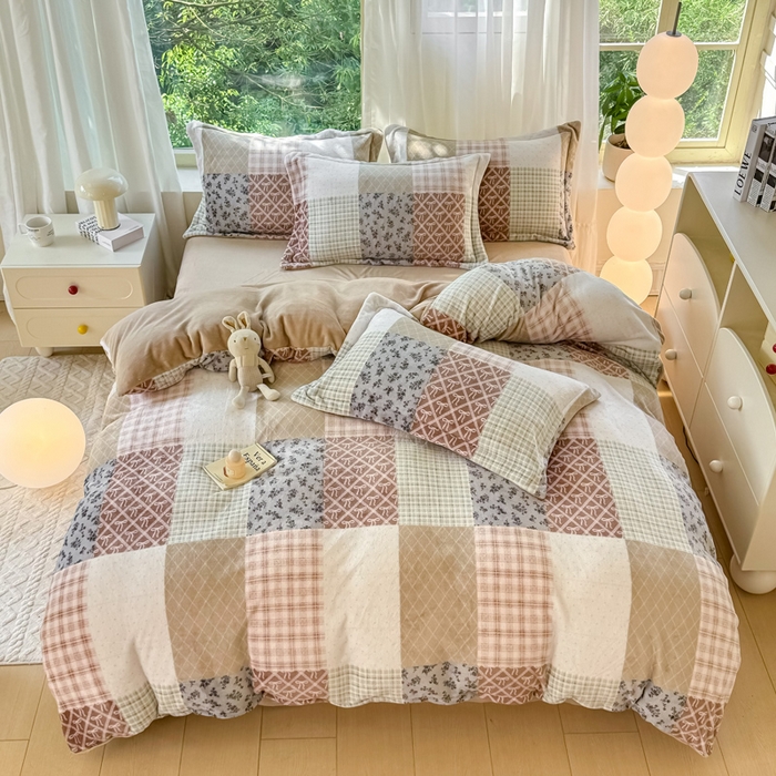 91家纺网 家纺一手货源 找家纺 富之航家纺 2024新款高克重小清新牛奶绒四件套 花漾