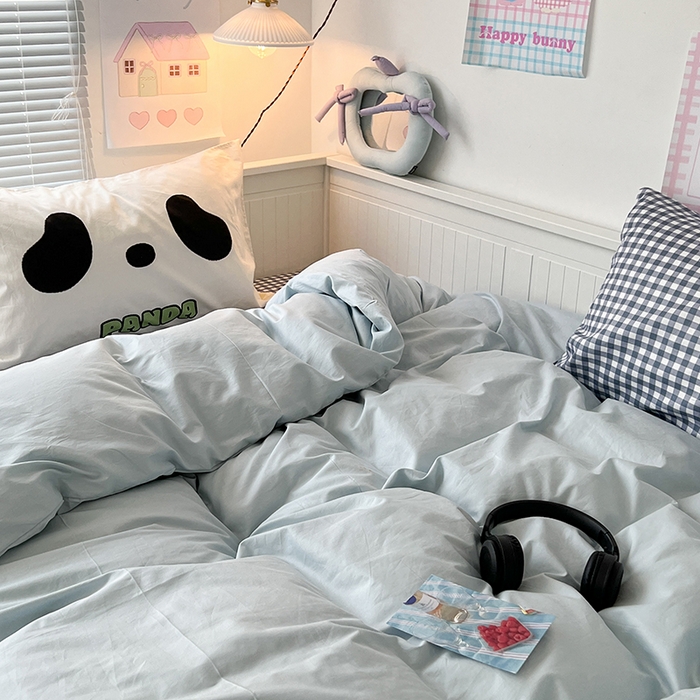 91家纺网 家纺一手货源 找家纺 2024新款全棉纯色大版枕套混搭款四件套 蓝莓牛乳