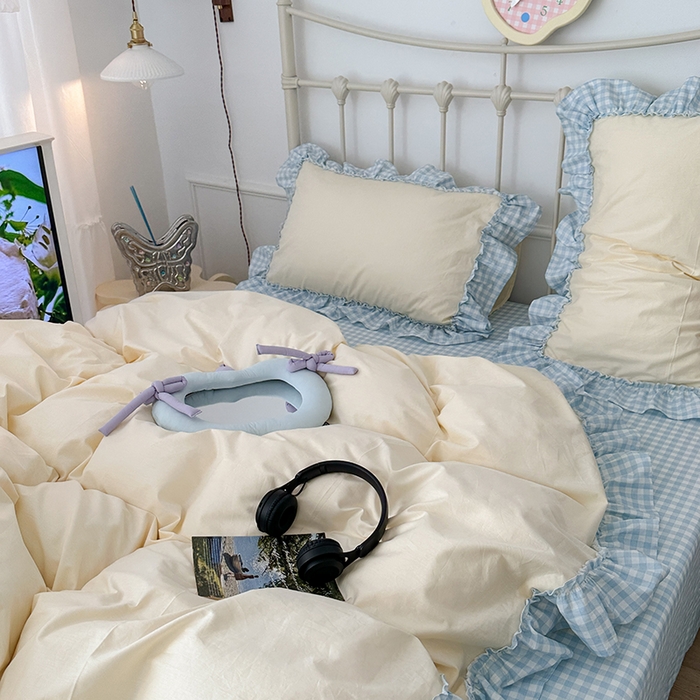 91家纺网 家纺一手货源 找家纺 2024新款花边奶油格子全棉混搭款四件套 奶酪芝士