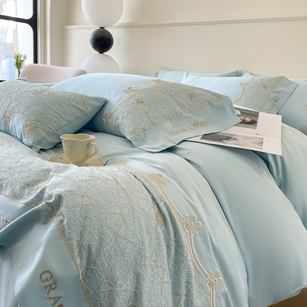 91家纺网 家纺一手货源 找家纺 （总）祺瑞佳家纺 2024新款A类100%双面纯棉法式蕾丝刺绣花四件套全棉长绒棉四季款床单床笠——繁花