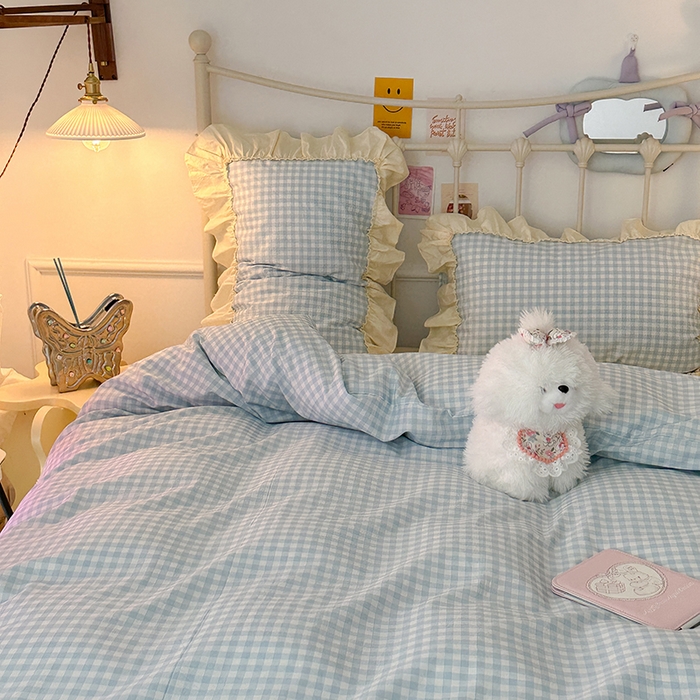 91家纺网 家纺一手货源 找家纺 2024新款花边奶油格子全棉混搭款四件套 茉香蓝格