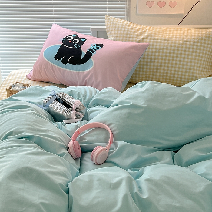 91家纺网 家纺一手货源 找家纺 2024新款全棉纯色大版枕套混搭款四件套 海盐苏打