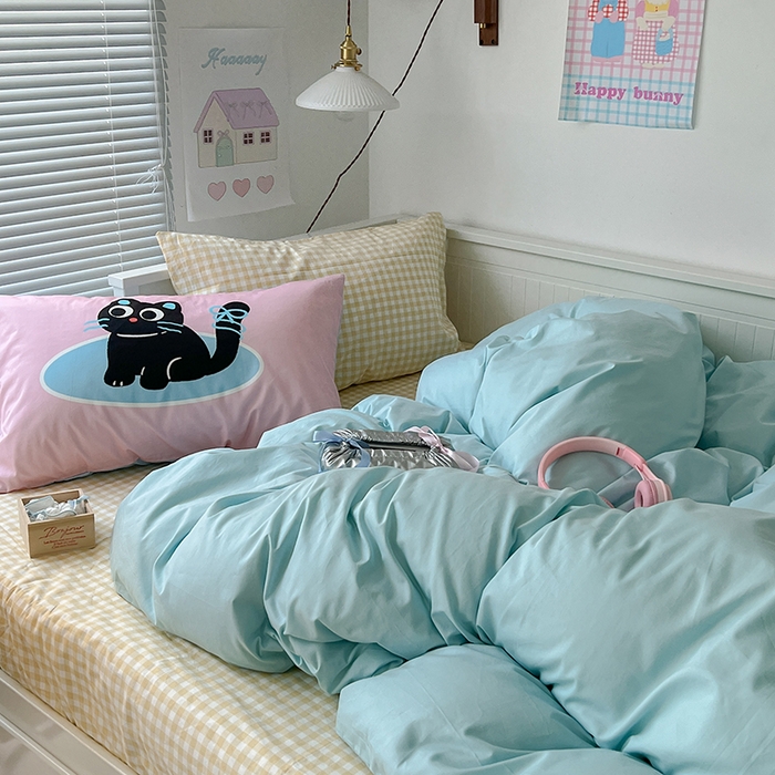 91家纺网 家纺一手货源 找家纺 2024新款全棉纯色大版枕套混搭款四件套 海盐苏打